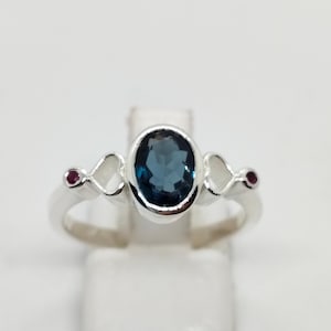 London Blue Topaz Ring 925 Sterling Silver, Ruby Accent Ring, Oval Gemstone Ring, Handmade Jewelry, November Birthstone Gift
