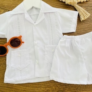 Spanish white boy Guayabera set. Perfect for beach weddings, summer days, fresh relax look. Comes with a traditional style shirt and shorts.