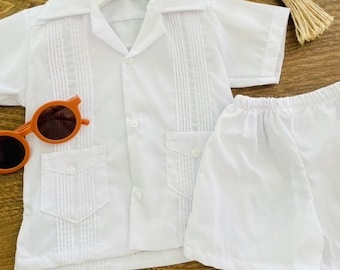 Spanish white boy Guayabera set. Perfect for beach weddings, summer days, fresh relax look. Comes with a traditional style shirt and shorts.