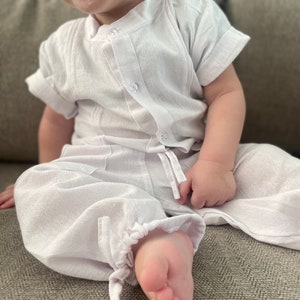 Organic white linen guayabera set. Beach wedding outfit, Boho hippie stylish, natural clothing, ring boy, collar shirt, baptism, summer fit