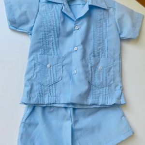 Boy Guayabera set in baby blue or white. Traditional style shirt with shorts set.
