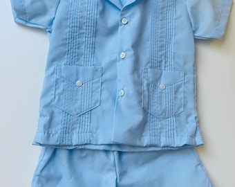 Boy Guayabera set in baby blue or white. Traditional style shirt with shorts set.