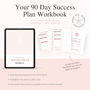 Libro de trabajo del plan de éxito de 90 días, planificadores imprimibles y digitales, planificador de objetivos, rastreador de objetivos, planificador de objetivos imprimible, planificación de objetivos, A4, carta de EE. UU.