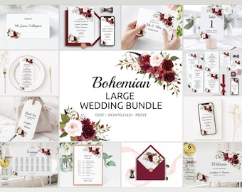 May include: A large wedding bundle with a bohemian theme. The bundle includes a variety of printable items, such as invitations, save the dates, RSVP cards, menus, table numbers, and more. The designs feature burgundy and blush flowers with greenery.