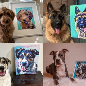 May include: Four dogs are pictured with their custom painted portraits. The portraits are in a colorful, abstract style. The dogs are a brown doodle, a German Shepherd, a black and white mixed breed, and a brindle pit bull.