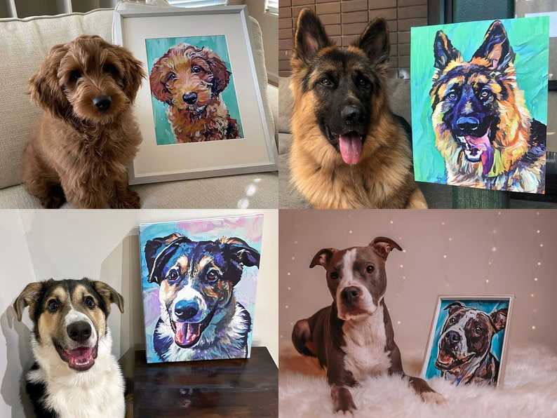 May include: Four dogs are pictured with their custom painted portraits. The portraits are in a colorful, abstract style. The dogs are a brown doodle, a German Shepherd, a black and white mixed breed, and a brindle pit bull.