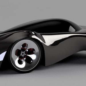 May include: A sleek, black sports car with a low profile and large, silver wheels. The car has a futuristic design with sharp angles and curves.