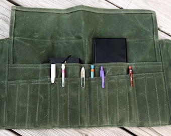 Artisan Waxed Canvas Artist Tool Roll – Handmade 22-Pocket Pen and Pencil Case