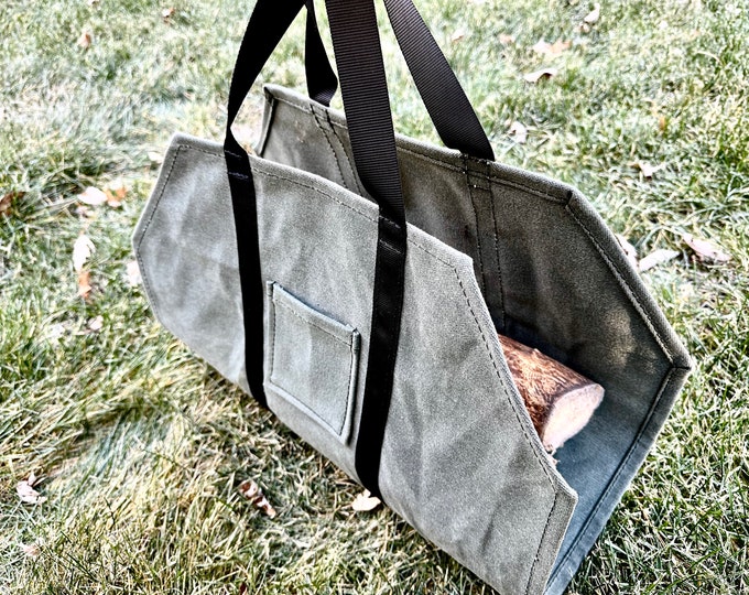 Heavy-Duty Waxed Canvas Firewood Log Carrier – Durable & Stylish Handmade Fireplace Accessory or outdoor