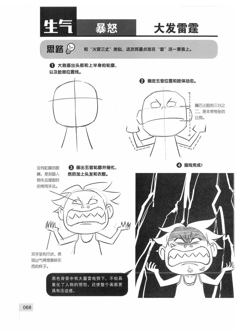 May include: A black and white illustration showing how to draw a character expressing anger. The steps include drawing the head, facial features, and body. The final illustration shows the character with a wide open mouth, sharp teeth, and clenched fists.