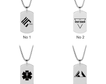 May include: Four silver dog tag necklaces with different designs. The first necklace has a black and white logo with the text "Humanity Alignment". The second necklace has a black and white logo with the text "S.R. Gray Raven Publishing". The third necklace has a black and white medical symbol. The fourth necklace has a black and white triangle logo.