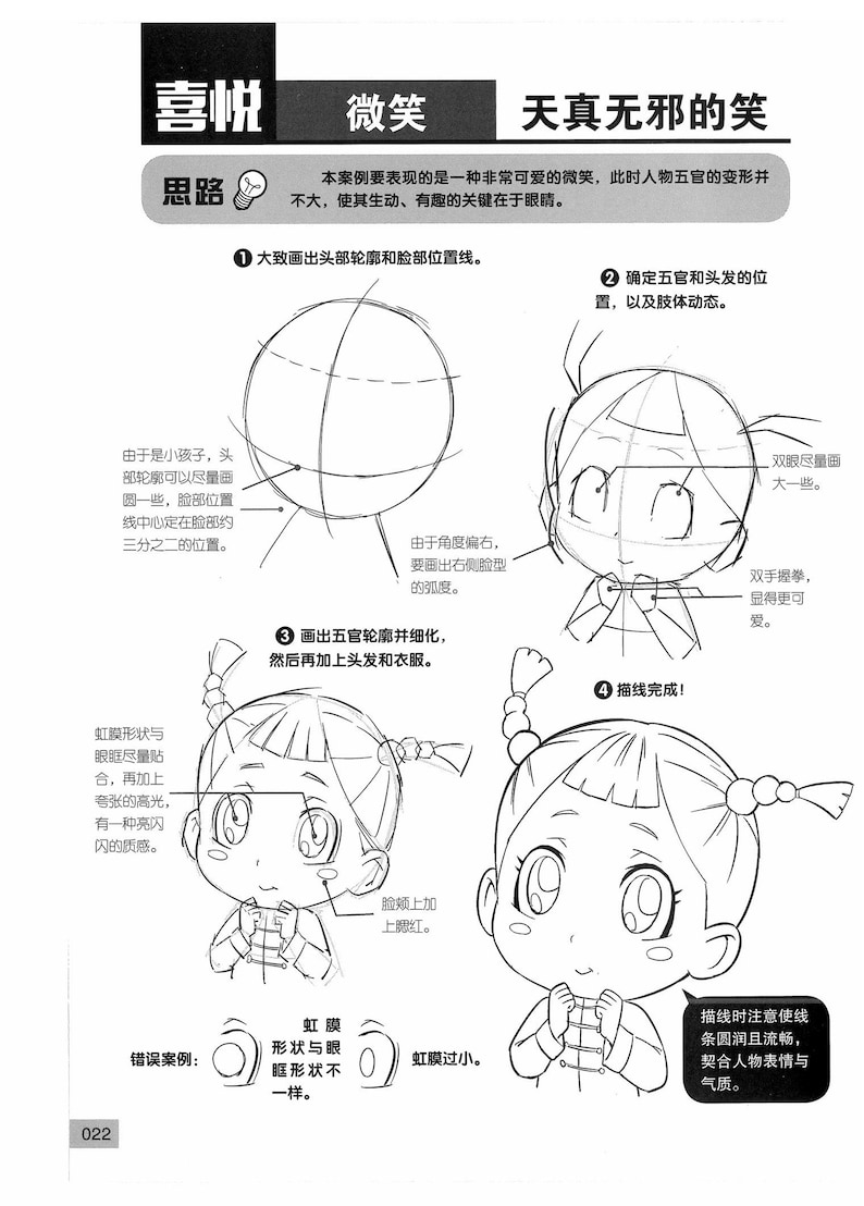 May include: A black and white line drawing illustration of a cartoon girl with pigtails smiling. The illustration shows the steps for drawing a smiling face. The text in the image says "The key to a cute smile is in the eyes."