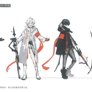 May include: A digital illustration of a character design with four different poses. The character is a young person with white hair and red accents on their clothing. The character is holding a large weapon with a red ribbon.