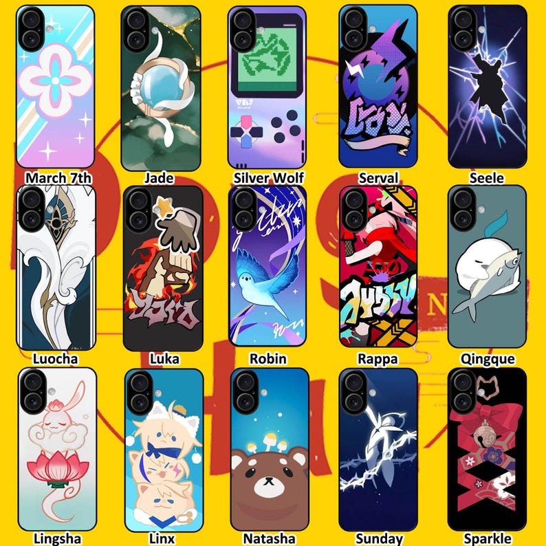 May include: A collection of fifteen rectangular smartphone cases arranged in three rows, each featuring unique graphic designs including characters, symbols, and patterns with labels like March 7th, Jade, Silver Wolf, Serval, Seele, Luocha, Luka, Robin, Rappa, Qingque, Lingsha, Linx, Natasha, Sunday, and Sparkle.