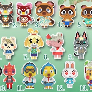 Op de afbeelding: Een verzameling van dertien pixelachtige karakterstickers uit de Animal Crossing-videogameserie. De stickers tonen verschillende dierlijke dorpsbewoners, waaronder uilen, wasberen, honden en konijnen, elk met unieke outfits en uitdrukkingen. De stickers zijn kleurrijk en gedetailleerd.