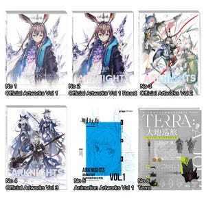 May include: A collection of six different art books featuring illustrations from the video game Arknights. The books are numbered 1 through 6 and include titles like "Official Artworks Vol 1", "Official Artworks Vol 1 Reset", "Official Artworks Vol 2", "Official Artworks Vol 3", "Animation Artworks Vol 1", and "Terra".
