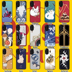 May include: A collection of fifteen rectangular smartphone cases arranged in three rows of five, each featuring unique character-themed illustrations and labels including Sampo, Yukong, Tingyun, Yunli, Topaz, Pela, Welt, Xueyi, Yanqing, Trailblazer, Sushang, Asta, Arlan, Aglaea, and Acheron.