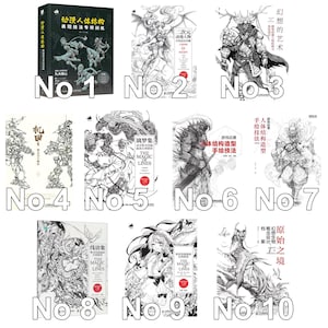 Könnte beinhalten: Eine Sammlung von zehn Büchern mit Illustrationen und Text. Die Bücher zeigen Schwarz-Weiß-Zeichnungen von Anime-Figuren, Fantasy-Kunst und Techniken des Figurenzeichnens. Jedes Buch ist nummeriert.