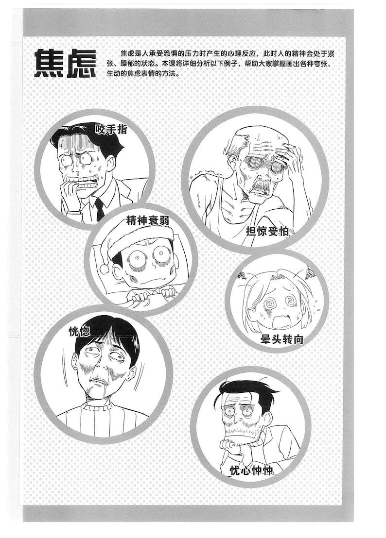 May include: Black and white illustration of different facial expressions depicting anxiety. The expressions include biting fingernails, looking worried, looking scared, looking confused, and looking panicked. The text in the image reads "Anxiety" and lists the different expressions: "Biting Fingernails", "Mental Breakdown", "Scared", "Confused", "Panicked".