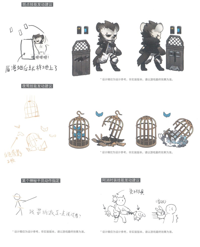 May include: A black and white illustration of a character with a black and white striped shirt and a black jacket. The character is standing in front of a closed wooden door with a metal grate. The character is holding a small, black object in its right hand. The text "盾落地后就杵地上了" is written in black below the character. The text "哇呀呀呀!" is written in black above the character. The text "设计稿仅为设计参考,非实装版本,请以游戏最终效果为准。" is written in black at the bottom of the image.