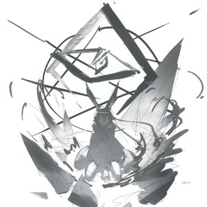 May include: A black and white illustration of a character with bunny ears, wearing a long-sleeved shirt and pants. The character is surrounded by geometric shapes and lines.