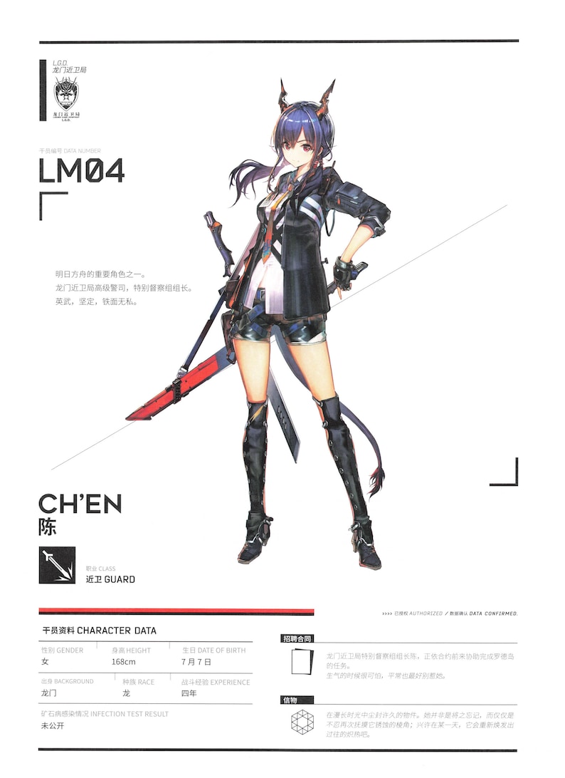 May include: A character profile for a female character named "Chen" from the game "Arknights". The character is depicted in a black jacket, white shirt, and black shorts. She is holding a red and black sword. The profile includes information about her class, height, date of birth, background, race, and combat experience. The text "AUTHORIZED DATA CONFIRMED" is visible at the bottom of the image.