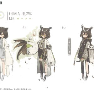 May include: Three sketches of a character design for a video game. The character is a young woman with short black hair, wearing a white lab coat and black pants. The character is holding a flask in one hand and a feather in the other. The character is wearing a pair of glasses and has a black and white infinity symbol on her wrist. The text "OLIVIA HERMEK LEB +" is written above the sketches.