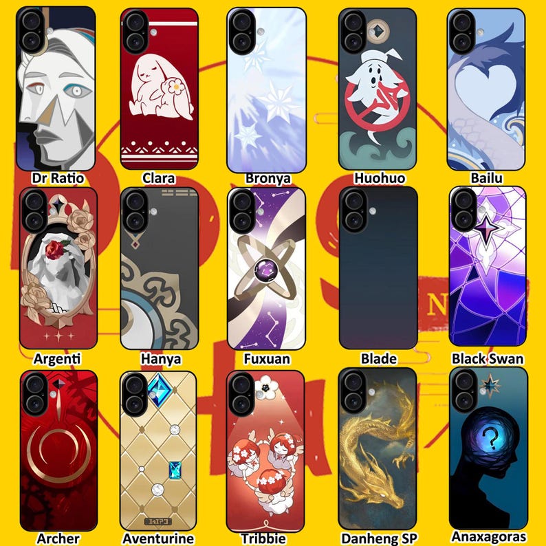 May include: A collection of fifteen rectangular smartphone cases featuring diverse graphic designs including character illustrations, abstract patterns, and symbols. Each case has a circular camera cutout in the top left corner and is labeled with a name.