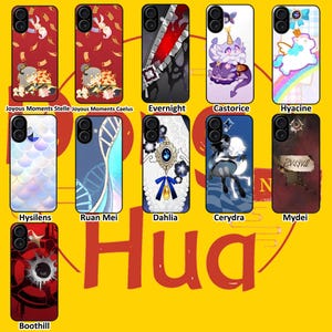 May include: A collection of eleven rectangular smartphone cases featuring diverse graphic designs including anime-style characters, abstract patterns, and fantasy motifs. Each case displays a unique illustration, such as a unicorn, floral emblems, and geometric shapes, with labels like Joyous Moments, Evernight, Castorice, Hyacine, Hysilens, Ruan Mei, Dahlia, Cerydra, Mydei, and Boothill.