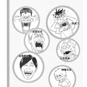 May include: A black and white illustration of six different types of laughter, each with a unique expression and caption in Japanese. The captions are: "笑到飙泪", "轻蔑嘲讽", "笑掉大牙", "笑疯了", "心花怒放", and "捧腹大笑".