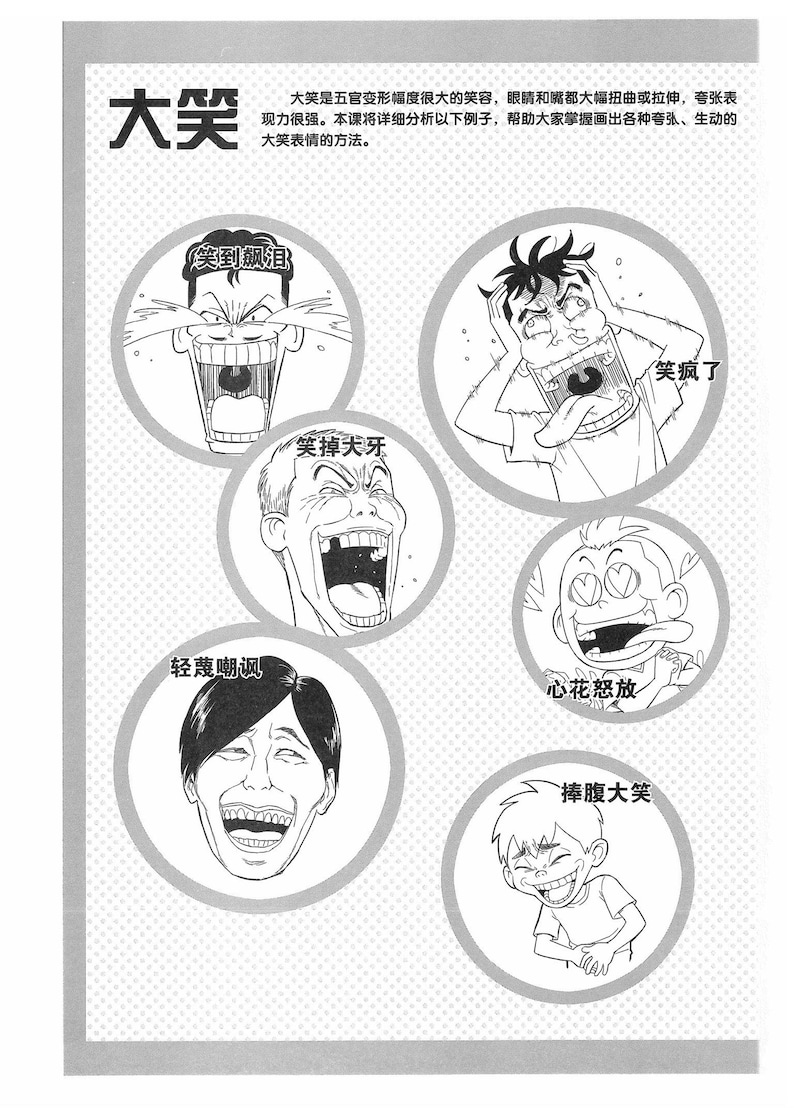 May include: A black and white illustration of six different types of laughter, each with a unique expression and caption in Japanese. The captions are: "笑到飙泪", "轻蔑嘲讽", "笑掉大牙", "笑疯了", "心花怒放", and "捧腹大笑".