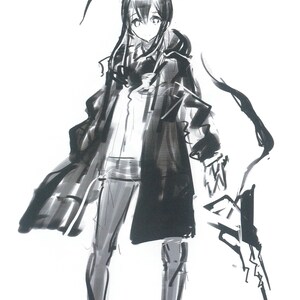 May include: Black and white illustration of a character wearing a long coat, pants, and bunny ears. The character is holding a weapon in their right hand. The text "阿米娅设计过程稿" is at the top of the image.