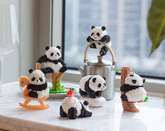 Instant Download Cute Panda 3D Perler Bead Pattern 7 Pieces Kit