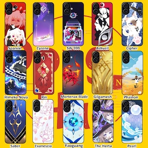 May include: A collection of fifteen rectangular smartphone cases arranged in three rows of five, each featuring unique graphic illustrations including anime-style characters, abstract patterns, floral motifs, and celestial designs with labeled names.