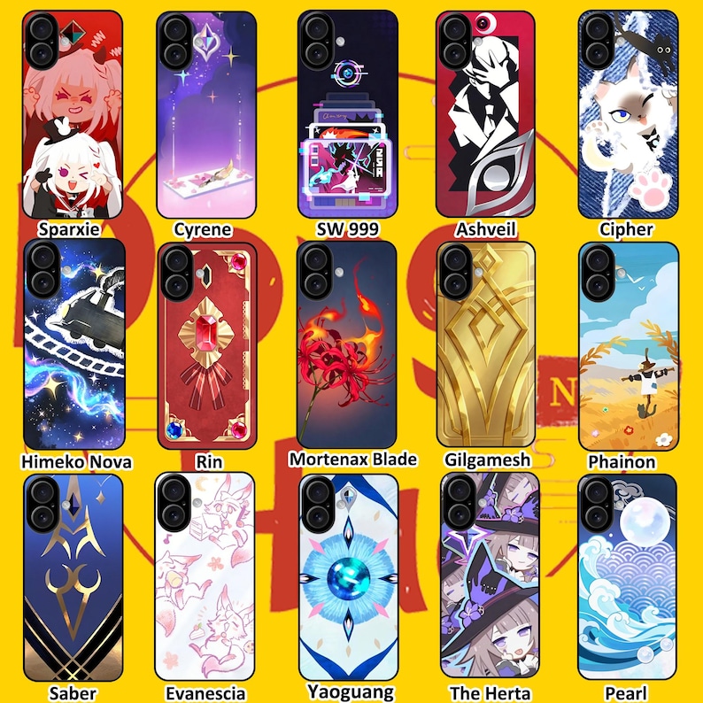 May include: A collection of fifteen rectangular smartphone cases arranged in three rows of five, each featuring unique graphic illustrations including anime-style characters, abstract patterns, floral motifs, and celestial designs with labeled names.