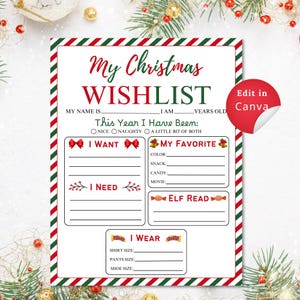 LISTA DE DESEOS DE NAVIDAD editable, carta personalizada para Papá Noel, imprimible divertido para las fiestas, perfecta para niños, carta a Papá Noel, lista de deseos de Papá Noel