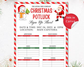 Könnte beinhalten: Ein rot-weiß gestreiftes Schild mit einem Weihnachtsmotiv. Das Schild lautet "The Giving Tree Company Christmas Potluck Sign Up Sheet" und enthält das Datum und die Uhrzeit der Veranstaltung: 24. Dezember 2023 um 12 Uhr. Der Ort ist als "Main Cafeteria" angegeben. Das Schild hat eine Tabelle, in der sich die Leute für verschiedene Speisen anmelden können, darunter Vorspeisen, Hauptgerichte, Beilagen, Desserts, Getränke und andere.