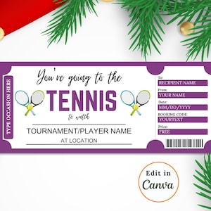 Modèle de billet cadeau TENNIS modifiable, parfait pour toutes les occasions, billet personnalisable pour un match de tennis ou un tournoi, téléchargement immédiat