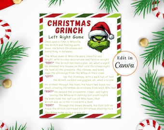 May include: A printable Christmas Grinch themed game for a left or right game. The game instructions are written in red and green text on a white background with a red and green striped border. The Grinch is illustrated in the top right corner of the game card.