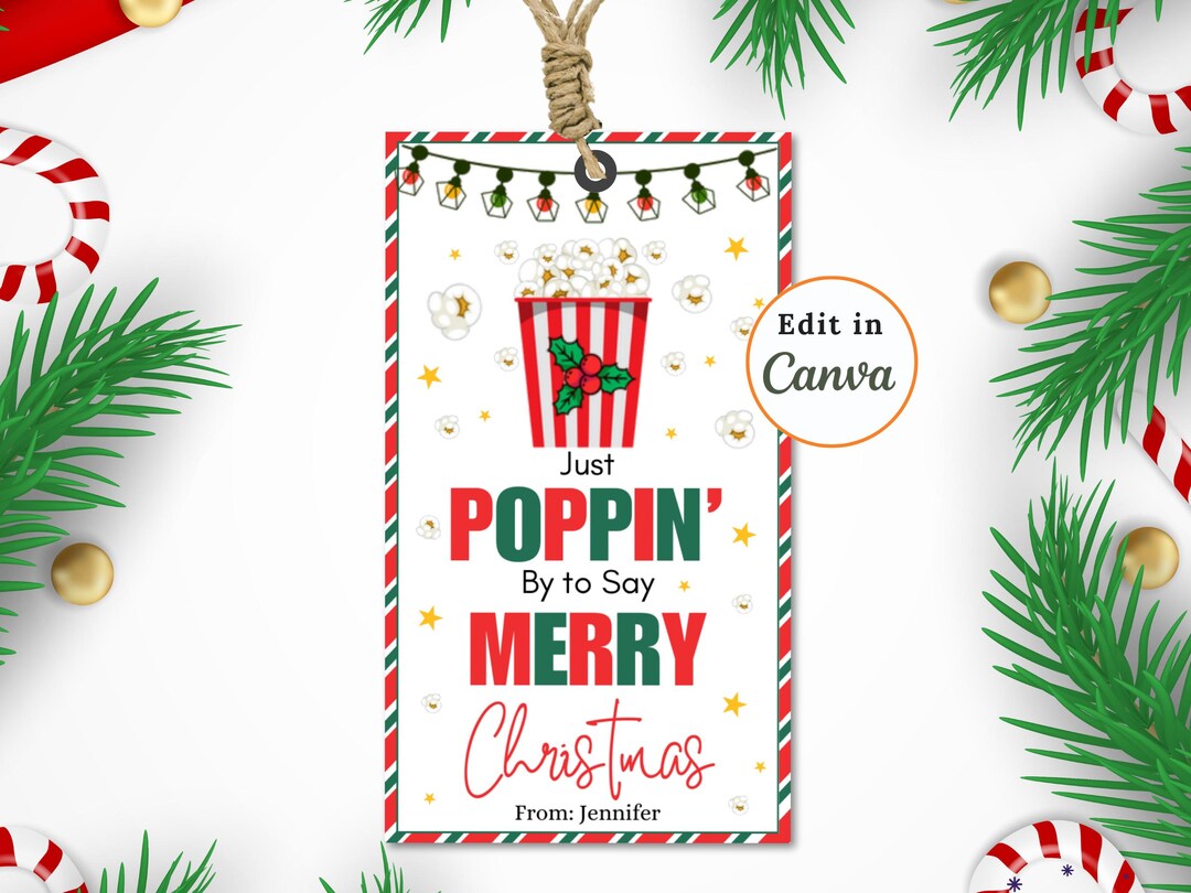 Editable Christmas POPCORN Tag, Holiday Treat BAG Printable, Canva ...