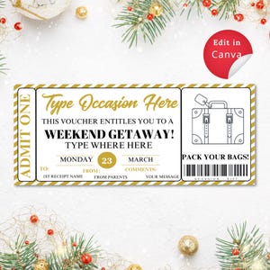 Editable Editable WEEKEND AWAY VOUCHER Template, Gift Certificate, Ticket Card, Instant Download, Perfect For Romantic Getaways