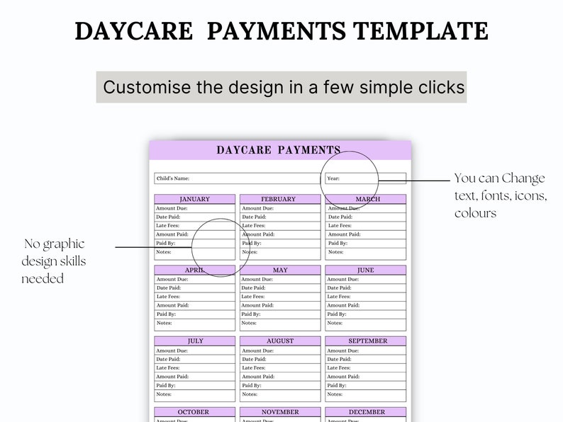 Editable DAYCARE PAYMENTS PRINTABLE, Payment Record, Home Daycare ...
