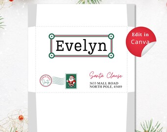Op de afbeelding: Een witte envelop met een groene en rode rand rond de naam "Evelyn". De envelop is geadresseerd aan de Kerstman op 5633 Mall Road, Noordpool, 45489. Er is een rood en wit postzegel met de woorden "Noordpool Kerstman" en een klein beeld van de Kerstman.