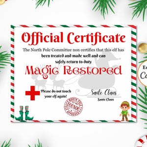 CERTIFICADO de recuperación de ELF editable, prueba de BIENESTAR, magia navideña imprimible, asegúrese de que su toque de elfo se restablezca, descarga instantánea