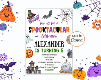 May include: A printable Halloween party invitation with a purple, orange, and black color scheme. The invitation features a cartoon ghost, a witch's hat, a pumpkin, and a spider web. The text on the invitation reads "Boooy! Join us for a Spooktacular Celebration Alexander is turning 5".