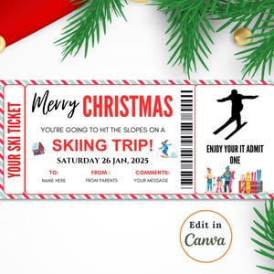Cadeaubon bewerkbare SKIPAS-sjabloon, perfect kerstcadeau voor een skiavontuur, inclusief afdrukbaar ticket, instapkaart