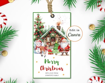 May include: A printable Christmas gift tag featuring a watercolor illustration of a cozy cabin in the woods with a snowman, a deer, and Santa Claus. The text on the tag reads "Merry Christmas" and "With love from Jennifer's family".