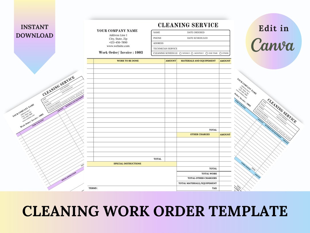 Editable CLEANING WORK ORDER Template, Checklist, Cleaning Business