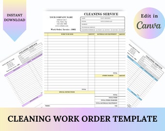 May include: A printable cleaning service work order template with fields for customer name, phone number, date scheduled, work to be done, materials and equipment, special instructions, and total charges. The template is designed for easy use and organization.
