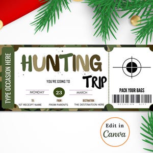 Vale de regalo editable para un viaje de caza, perfecto para unas vacaciones de caza, una experiencia de caza inolvidable, descarga instantánea